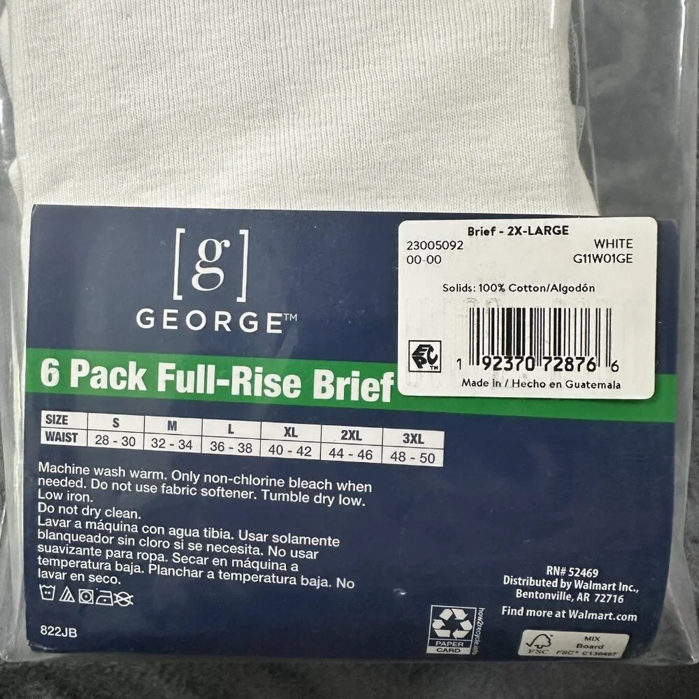 George Full-Rise‎ Brief Mens Underwear 2XL 6 Pack Odor Control Moisture Wicking